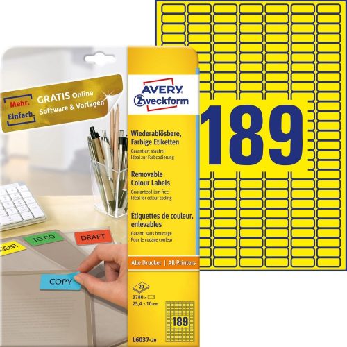 Etikett címke, univerzális visszaszedhető 189 címke/ív, 25,4 x10 mm, 20 ív/doboz, Avery sárga