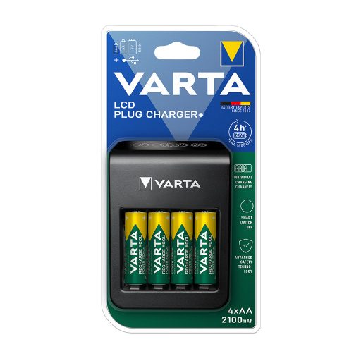 Elemtöltő akku LCD Plug töltő + 4 db AA 2100 mAH VARTA