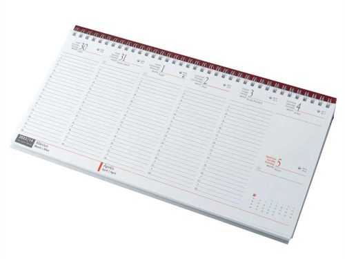 Asztali naptár 320mm x 155mm fehér lapok fekvő bordó műbörrel borított tartóval Realsystem 2023.