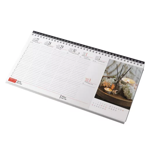Asztali naptár 320mm x 155mm Meditáció fehér lapok fekvő fekete műbörrel borított tartóval Realsystem 2022.