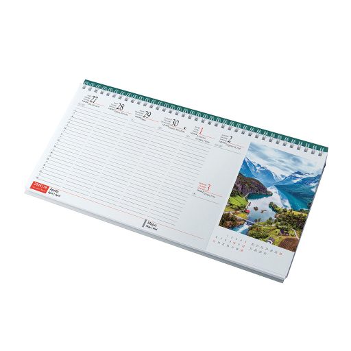 Asztali naptár 320mm x 155mm Európa fehér lapok fekvő zöld műbörrel borított tartóval Realsystem 2023.