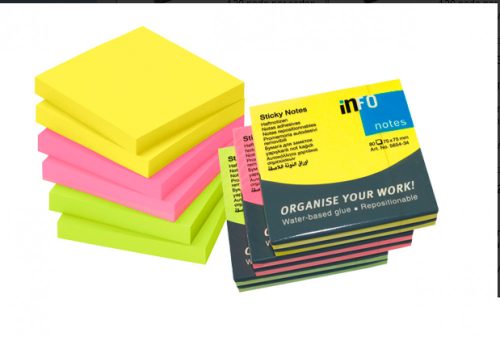 Jegyzettömb öntapadó, 75x75mm, 6x80lap, Gln brilliant mix, sárga pink zöld