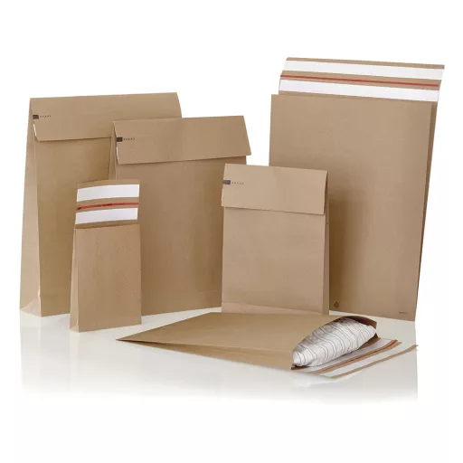 Csomagküldő webshop tasak 350x450x80mm, erős kraft papírból 200 db/doboz, E-green barna