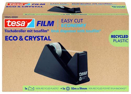 Ragasztószalag adagoló 19mmx10m, asztali  +  irodai átlátszó újrahasznosított ragasztószalag Tesa Eco & Crystal
