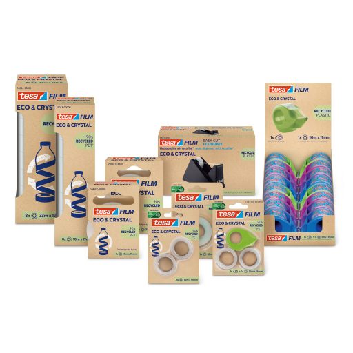 Ragasztószalag adagoló 19mmx10m, asztali  +  irodai átlátszó újrahasznosított ragasztószalag Tesa Eco & Crystal