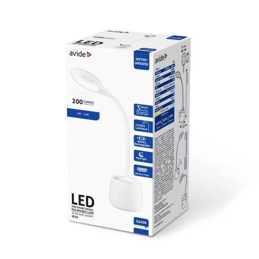 Asztali lámpa LED, AVIDE Tolltartóval, 5W, 6400K, fehér
