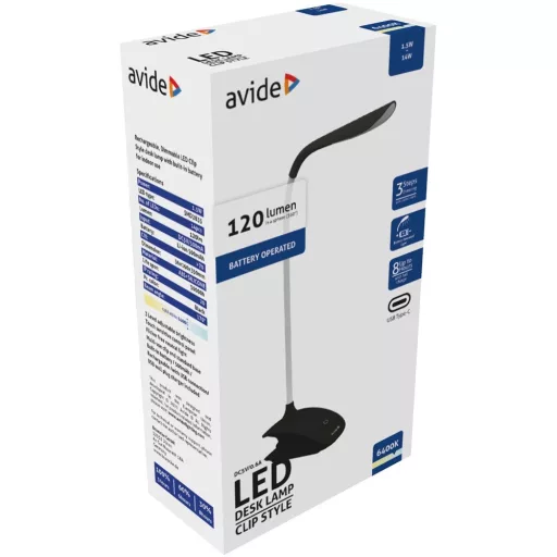 Asztali lámpa LED, AVIDE Csiptethető, 1,5W, 6400K, fekete