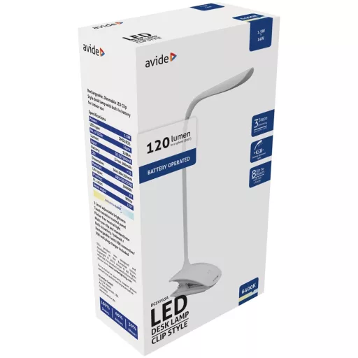 Asztali lámpa LED, AVIDE Csiptethető, 1,5W, 6400K, fehér