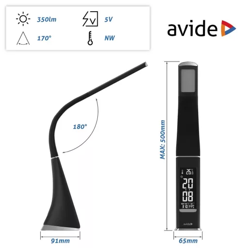 Asztali lámpa LED, AVIDE Üzleti bőrhatású naptár, 6W, 5000K, fekete