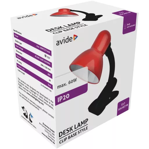 Asztali lámpa, AVIDE Basic csiptethető, max 60W, piros