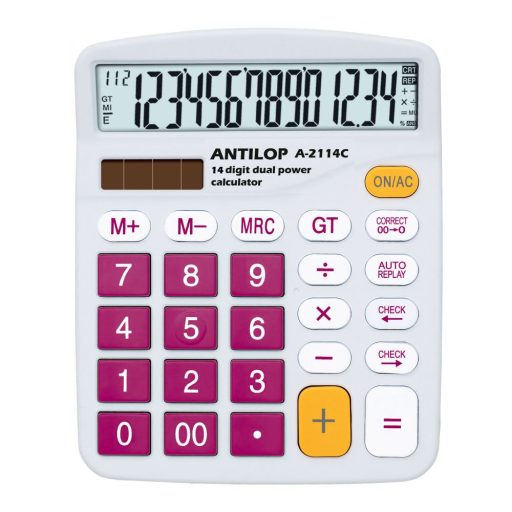SZÁMOLÓGÉP ASZTALI 14 SZÁMJEGY NAGY, DÖNTÖTT KIJELZŐ BORDÓ GOMBOK FEHÉR SZÁMLAP ANTILOP A-2114C