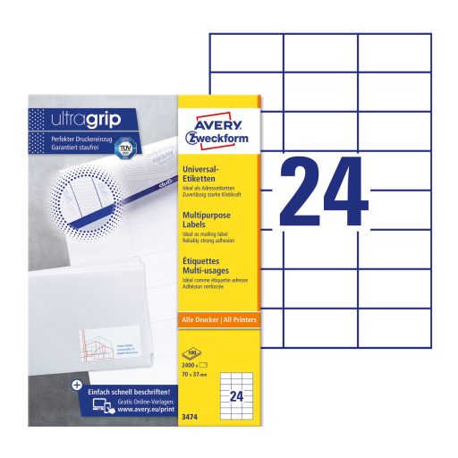 Etikett címke, univerzális 70 x37 mm, Avery fehér 