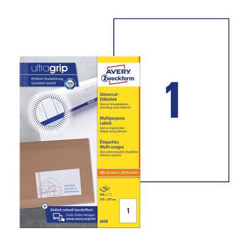 Etikett címke, univerzális 210 x297 mm, Avery fehér 