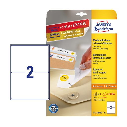 Etikett címke, univerzális visszaszedhető 199,6 x143,5 mm, Avery 