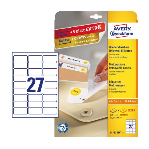 Etikett címke, univerzális visszaszedhető 63,5 x29,6 mm, Avery 