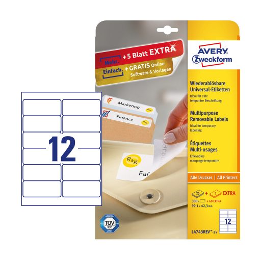 Etikett címke, univerzális visszaszedhető 99,1 x42,3 mm, Avery 