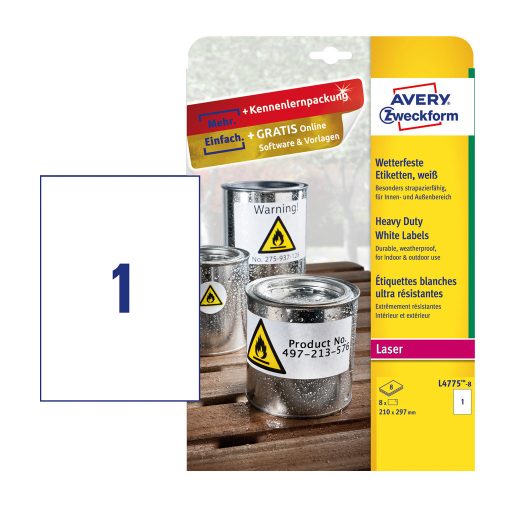 Etikett címke, időjárásálló poliészter, 210 x297 mm, Avery fehér 