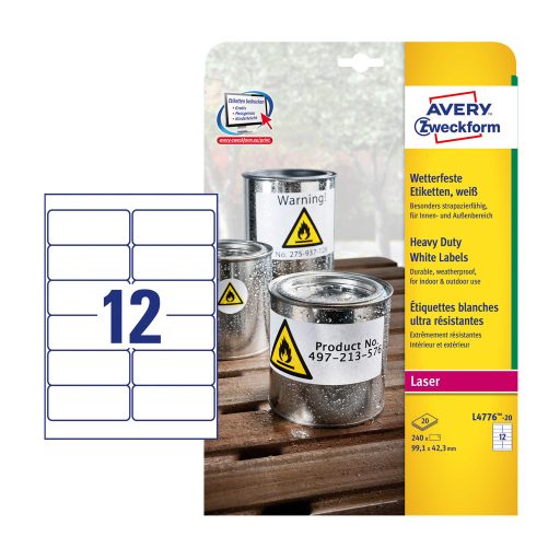 Etikett címke, időjárásálló poliészter, 99,1 x42,3 mm, Avery fehér 