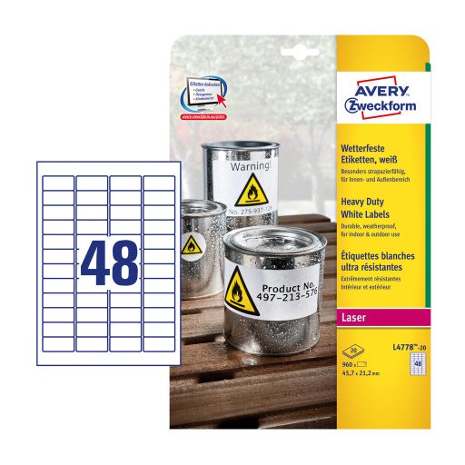 Etikett címke, időjárásálló poliészter, 45,7 x21,2 mm, Avery fehér 