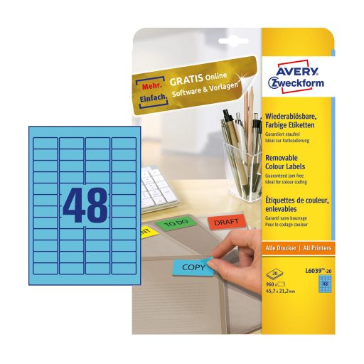 Etikett címke, univerzális visszaszedhető 45,7 x21,2 mm, Avery kék 