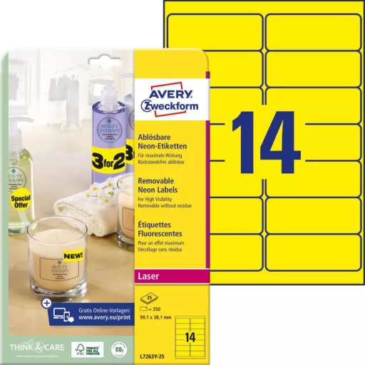 Etikett címke, visszaszedhető 99,1 x38,1 mm, Avery neonsárga 