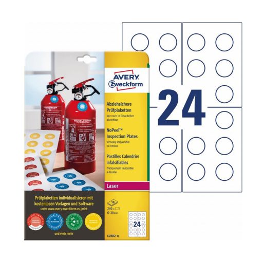 Etikett címke, nyomtatható, eltávolíthatatlan plakettek O30 mm, Avery fehér 